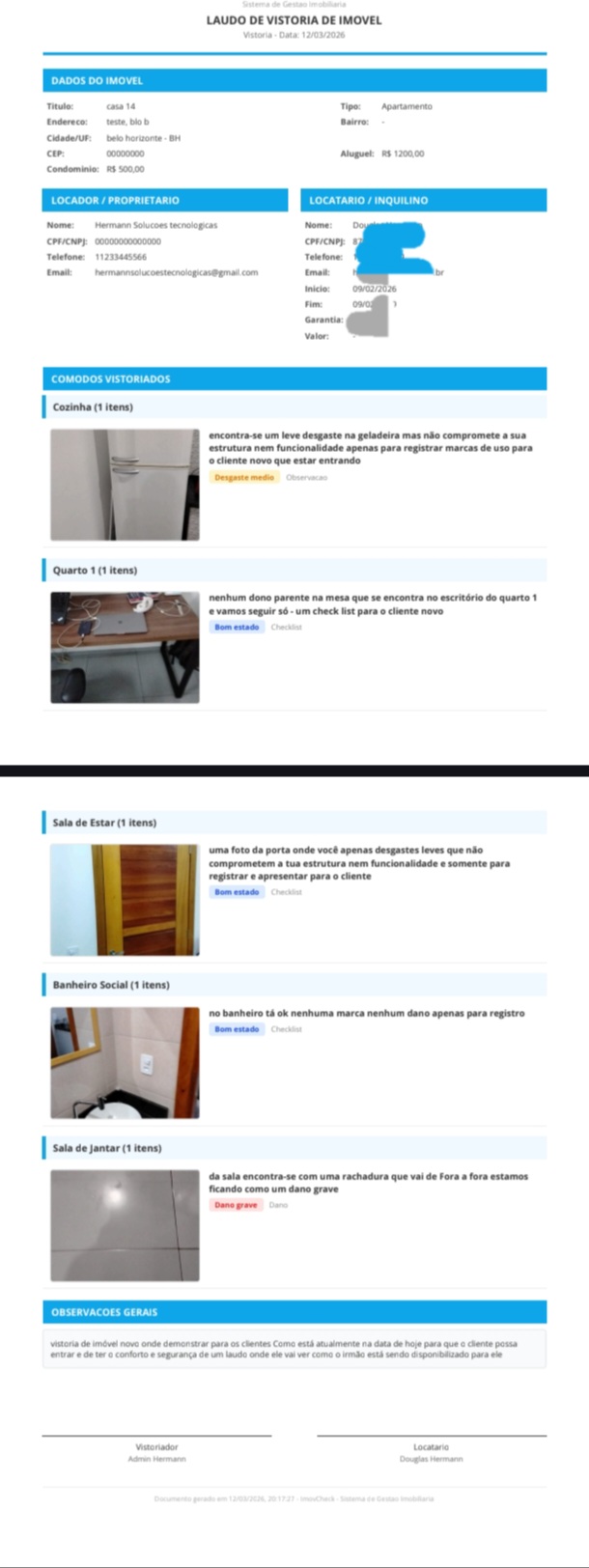 Laudo de vistoria profissional gerado pelo ImovHub