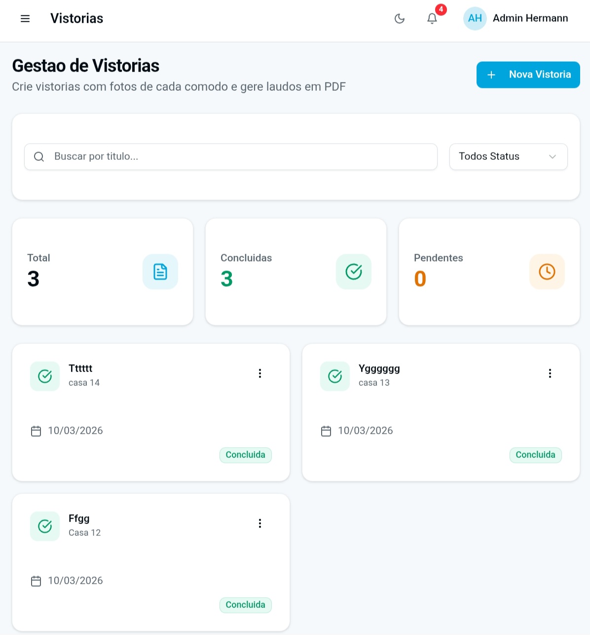 Interface de criacao de vistoria do ImovHub